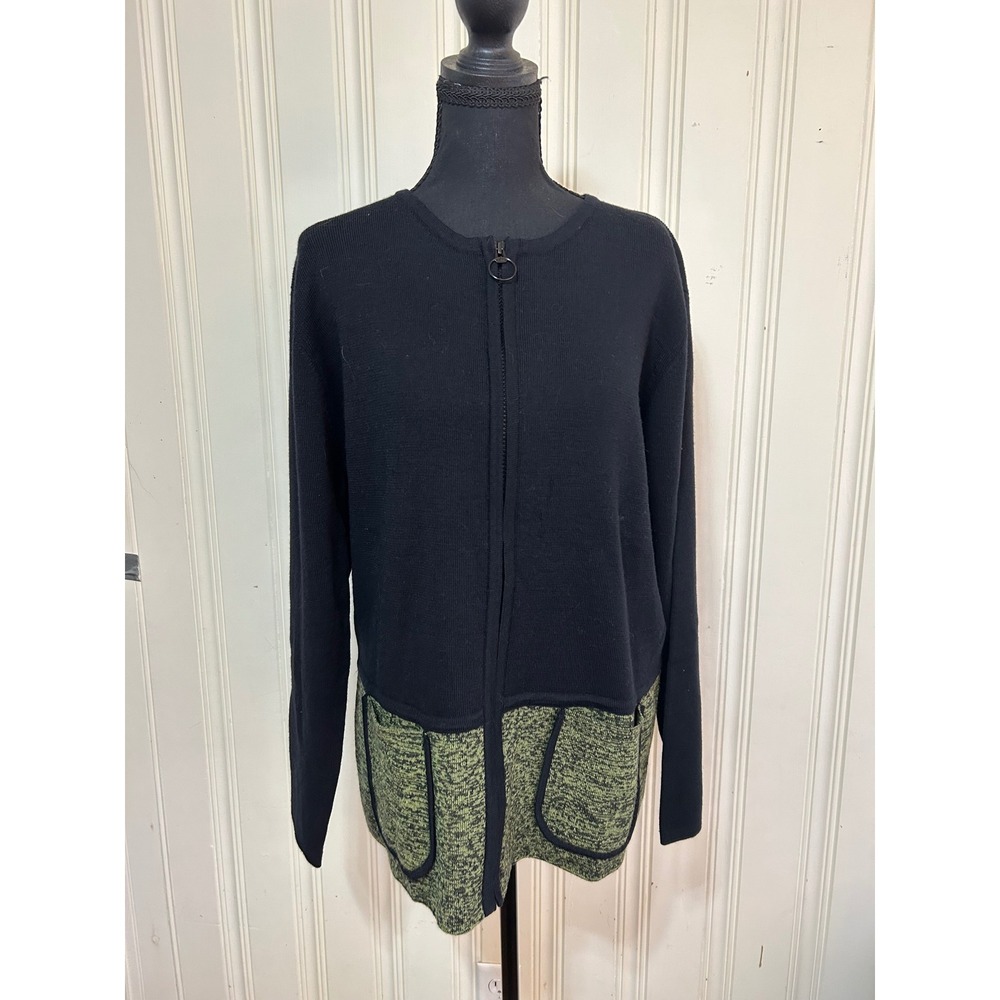 Urban Wool Merino Collection Black Green Colorblock Zip Up Cardigan Sweater M
